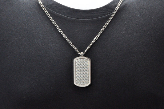 Mens Stainless Steel Dog Tag Pendant With Cubic Zirconia
