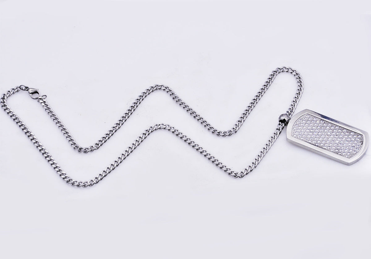 Mens Stainless Steel Dog Tag Pendant With Cubic Zirconia