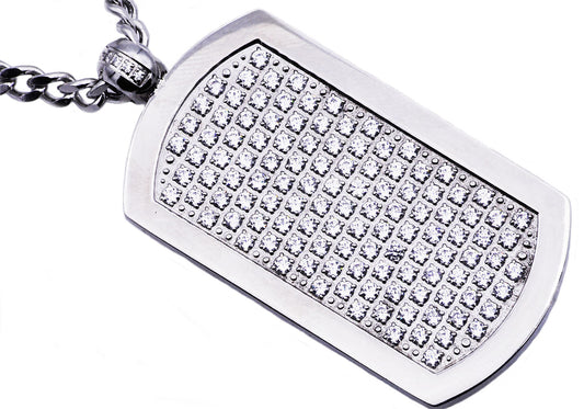 Mens Stainless Steel Dog Tag Pendant With Cubic Zirconia