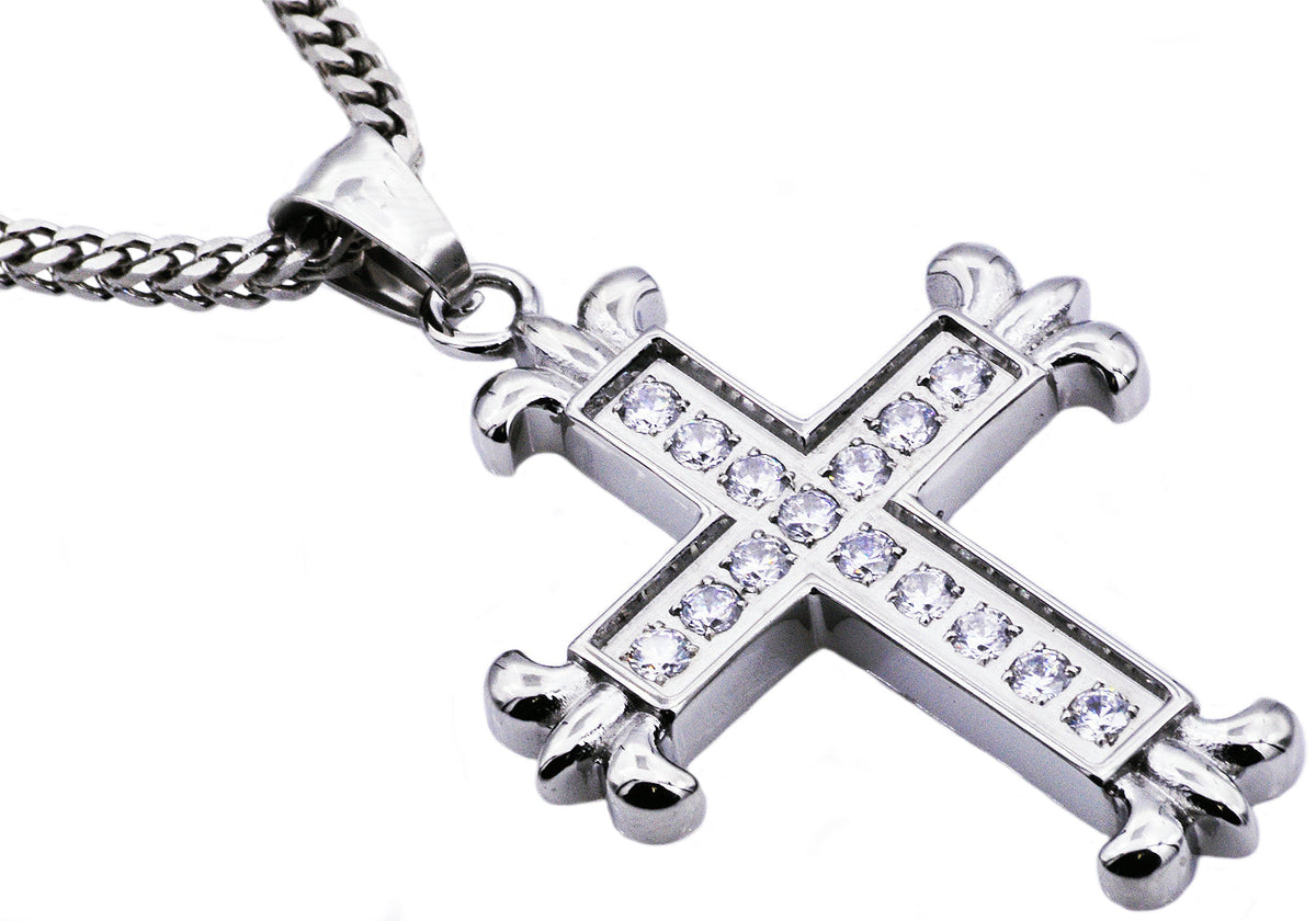 Mens Stainless Steel Cross Pendant With Cubic Zirconia