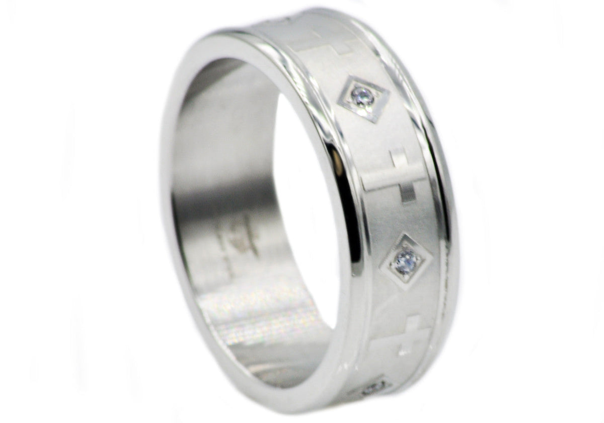 Mens Stainless Steel Cross Band With Cubic Zirconia