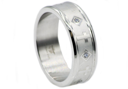 Mens Stainless Steel Cross Band With Cubic Zirconia