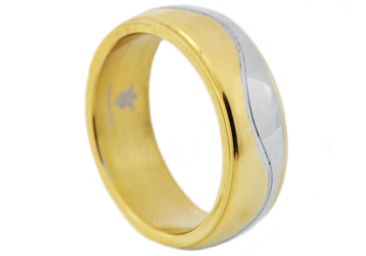 Mens Two Tone Gold Wavy Stainless Steel Band Ring