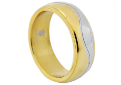 Mens Two Tone Gold Wavy Stainless Steel Band Ring