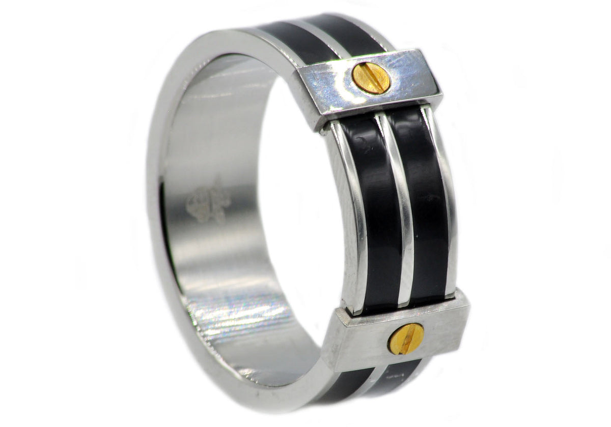 Mens Black Stainless Steel Band Ring With Gold Screws