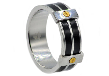 Mens Black Stainless Steel Band Ring With Gold Screws