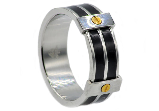 Mens Black Stainless Steel Band Ring With Gold Screws