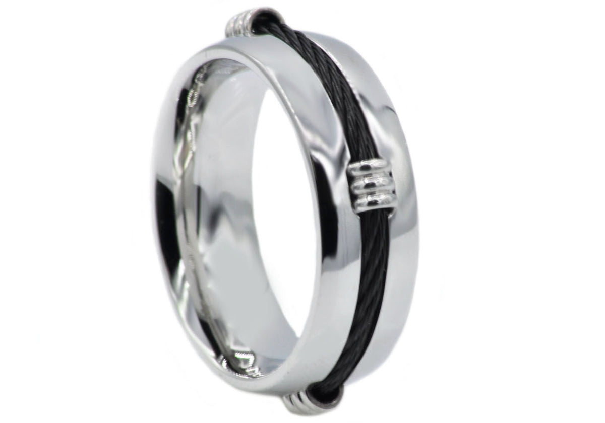 Mens Stainless Steel Band Ring with Black Wire