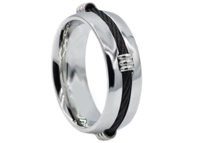 Mens Stainless Steel Band Ring with Black Wire