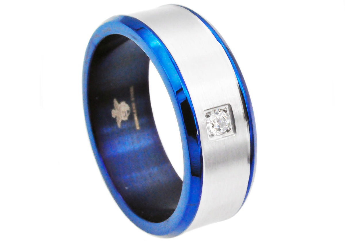 Mens Brushed Stainless Steel Band Ring With Cubic Zirconia And Blue Plated Edge
