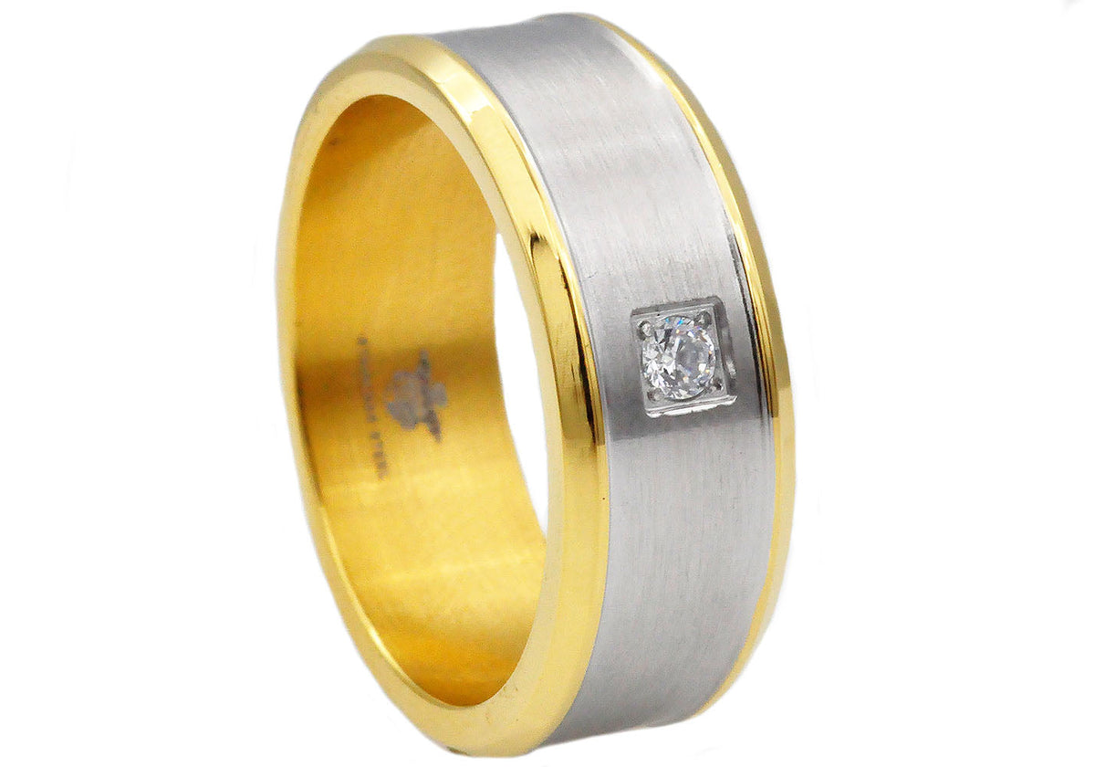 Mens Two Tone Gold Plated Stainless Steel Band Ring With Cubic Zirconia