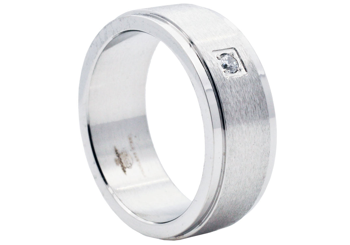 Mens Brushed Stainless Steel Band Ring With Cubic Zirconia