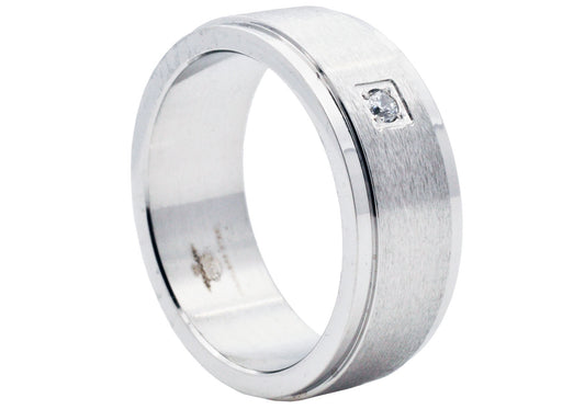 Mens Brushed Stainless Steel Band Ring With Cubic Zirconia