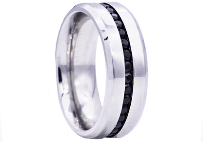 Mens High Polish Stainless Steel Eternity Band Ring With Black Cubic Zirconia