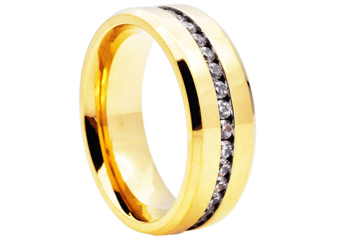 Mens Gold Stainless Steel Eternity Band Ring With Cubic Zirconia