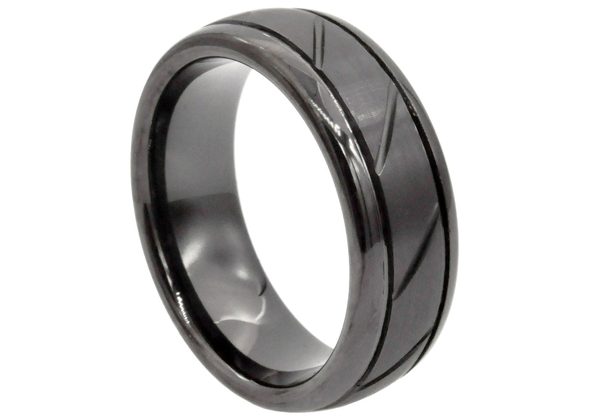 Mens 8mm Black Tungsten Etched Band Ring