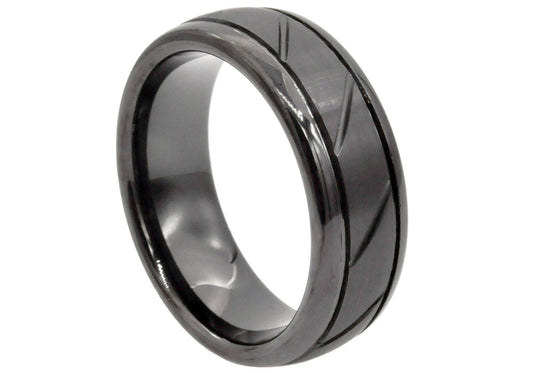 Mens 8mm Black Tungsten Etched Band Ring