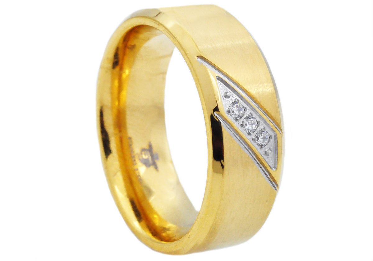 Mens Gold Stainless Steel Band With Cubic Zirconia