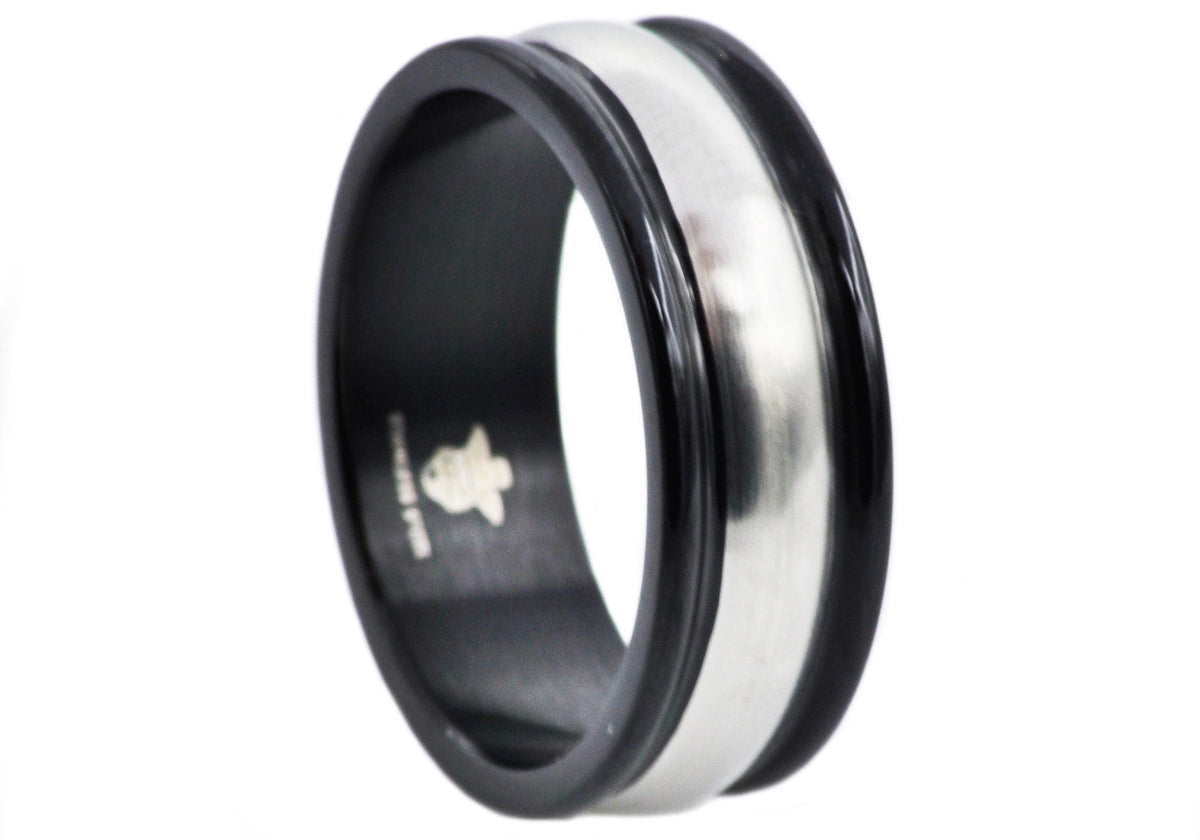 Mens 8mm Black And Silver Stainless Steel Band Ring