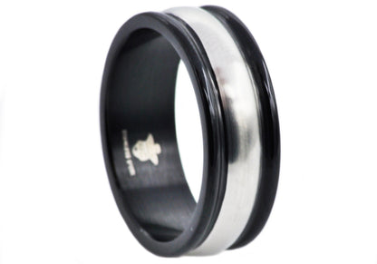 Mens 8mm Black And Silver Stainless Steel Band Ring