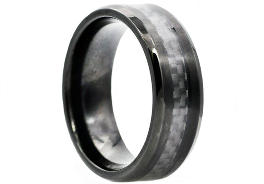 Mens Black Carbon Fiber And Black Stainless Steel 8mm Band Ring