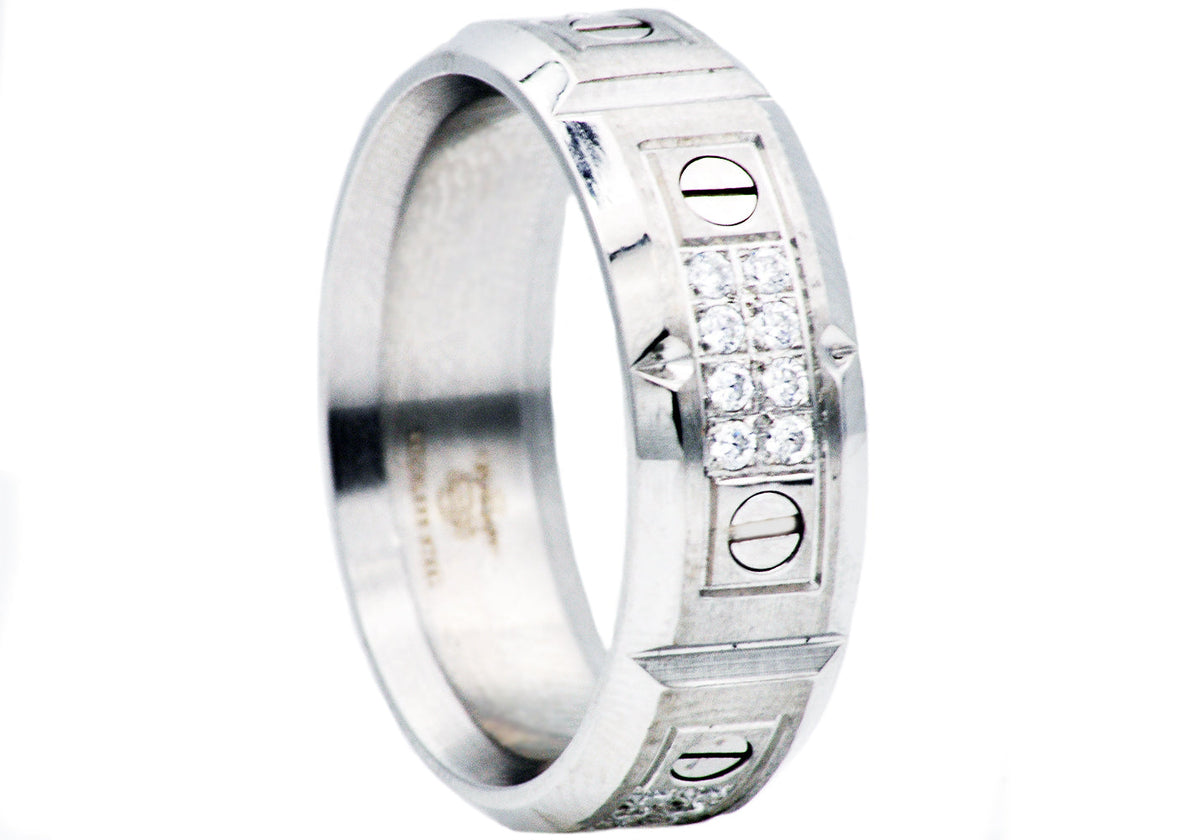 Mens Stainless Steel Band With Cubic Zirconia