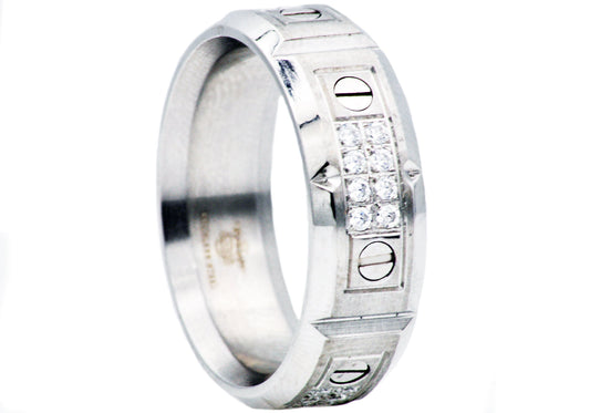 Mens Stainless Steel Band With Cubic Zirconia