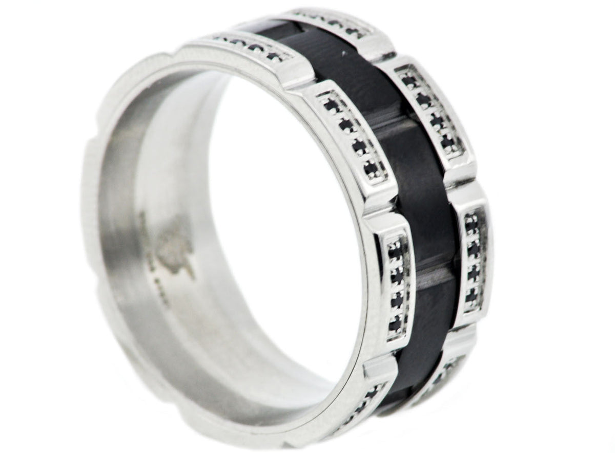 Mens 10mm Black And Silver Stainless Steel Band With Black Cubic Zirconia