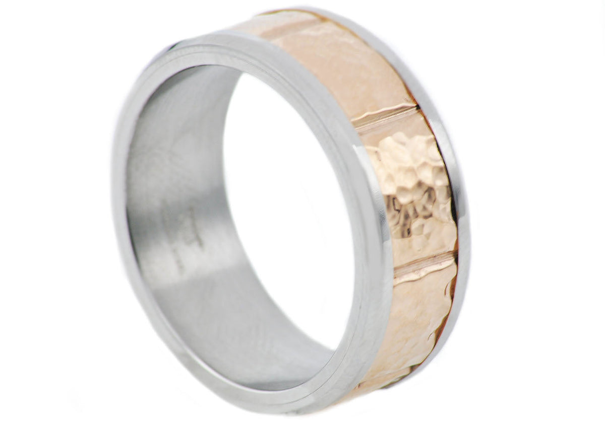 Mens Hammered Rose Two Tone Stainless Steel Band