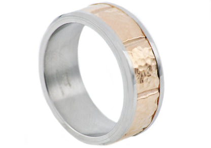 Mens Hammered Rose Two Tone Stainless Steel Band
