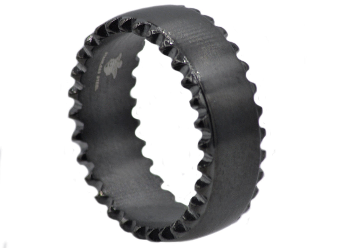 Mens 9mm Black Stainless Steel Jagged Band Ring