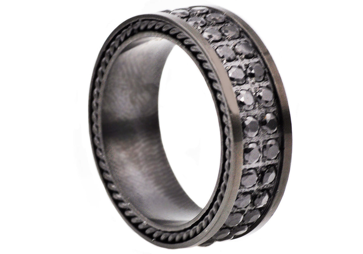 Mens 8mm Black Stainless Steel Two Row Black Cubic Zirconia Eternity Band Ring