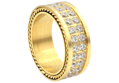 Mens Gold Stainless Embedded Steel Band With Cubic Zirconia