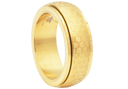 Mens Honey Comb Textured Gold Stainless Steel Spinner Band