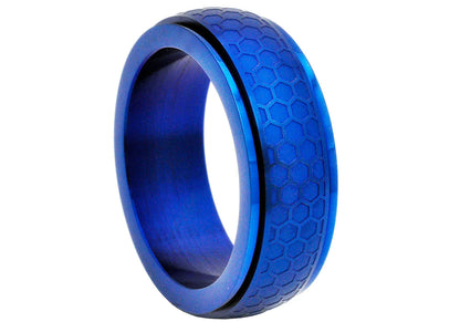 Mens Blue Honey Comb Textured Stainless Steel Spinner Band