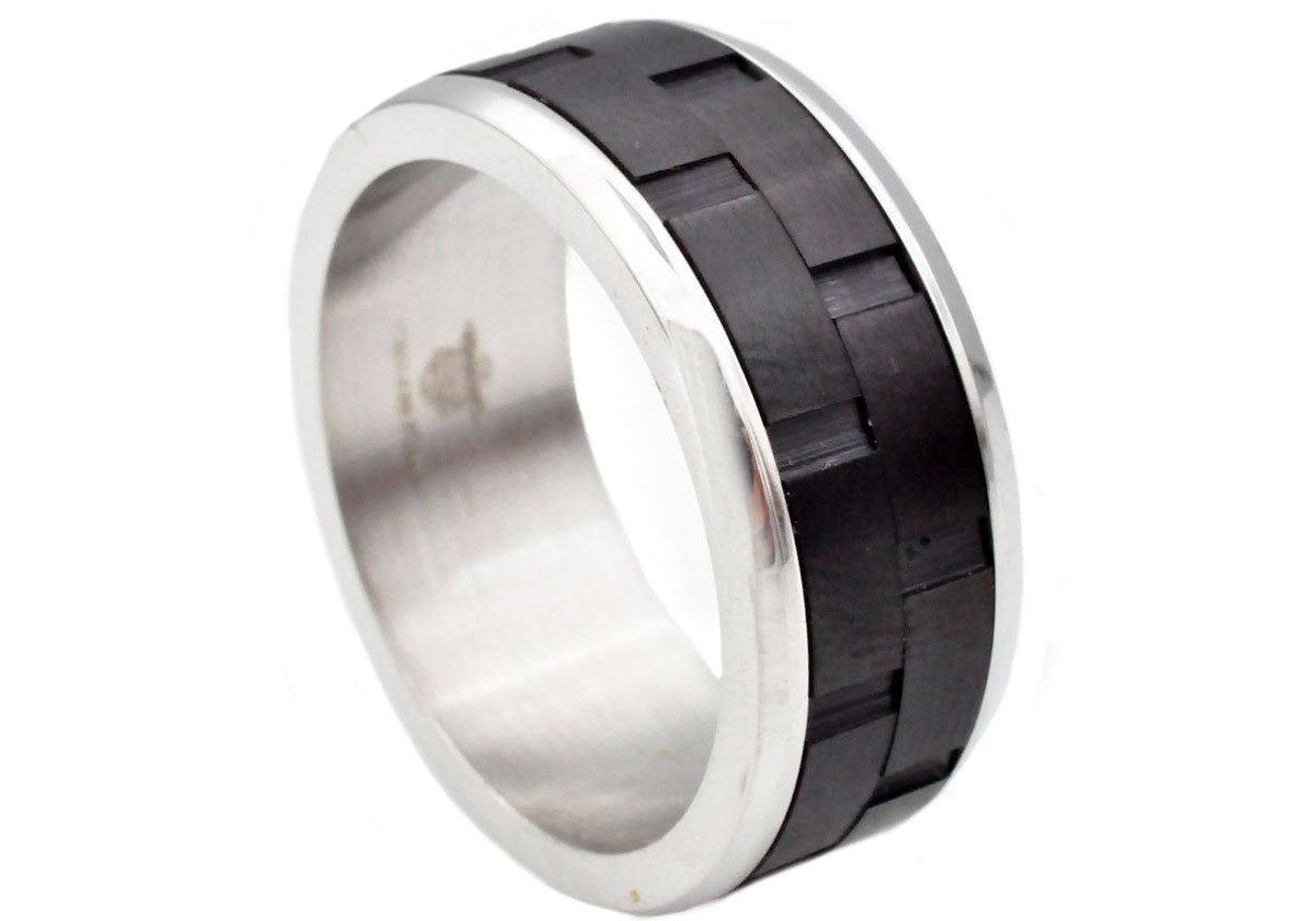 Mens Black And Silver Stainless Steel Brick Design 9mm Band Ring