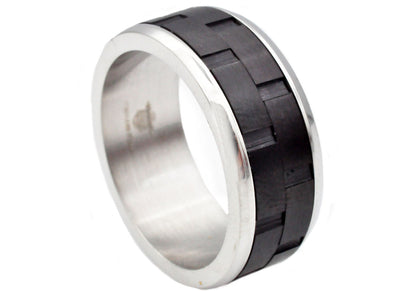 Mens Black And Silver Stainless Steel Brick Design 9mm Band Ring