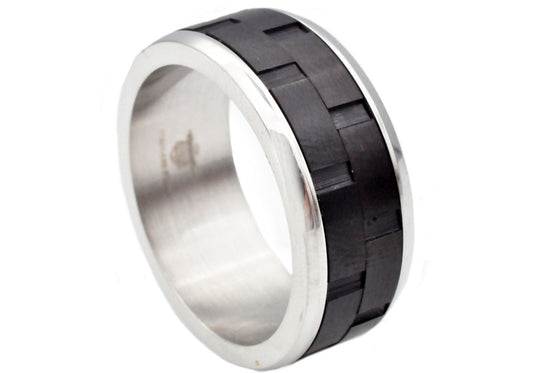 Mens Black And Silver Stainless Steel Brick Design 9mm Band Ring
