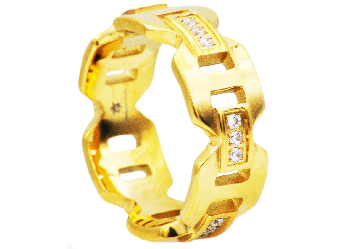 Mens Gold Stainless Steel Band With Cubic Zirconia