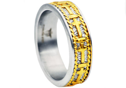 Mens Gold Stainless Steel Cross Band
