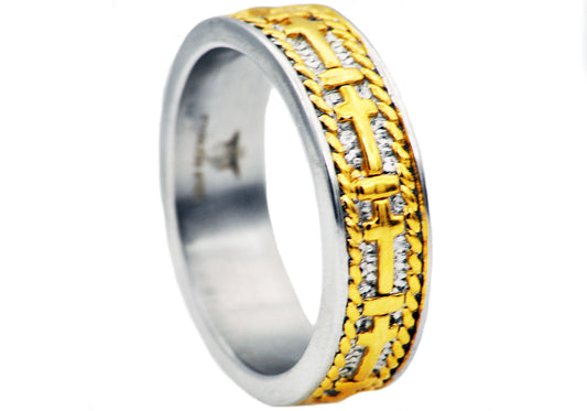 Mens Gold Stainless Steel Cross Band