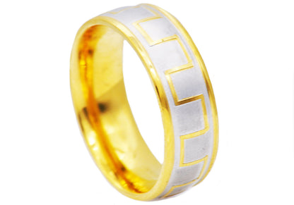 Mens Two Tone Gold Stainless Steel Greek Key Band Ring