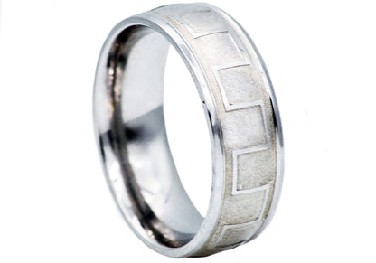 Mens Brushed And Polished Stainless Steel Greek Key Band Ring
