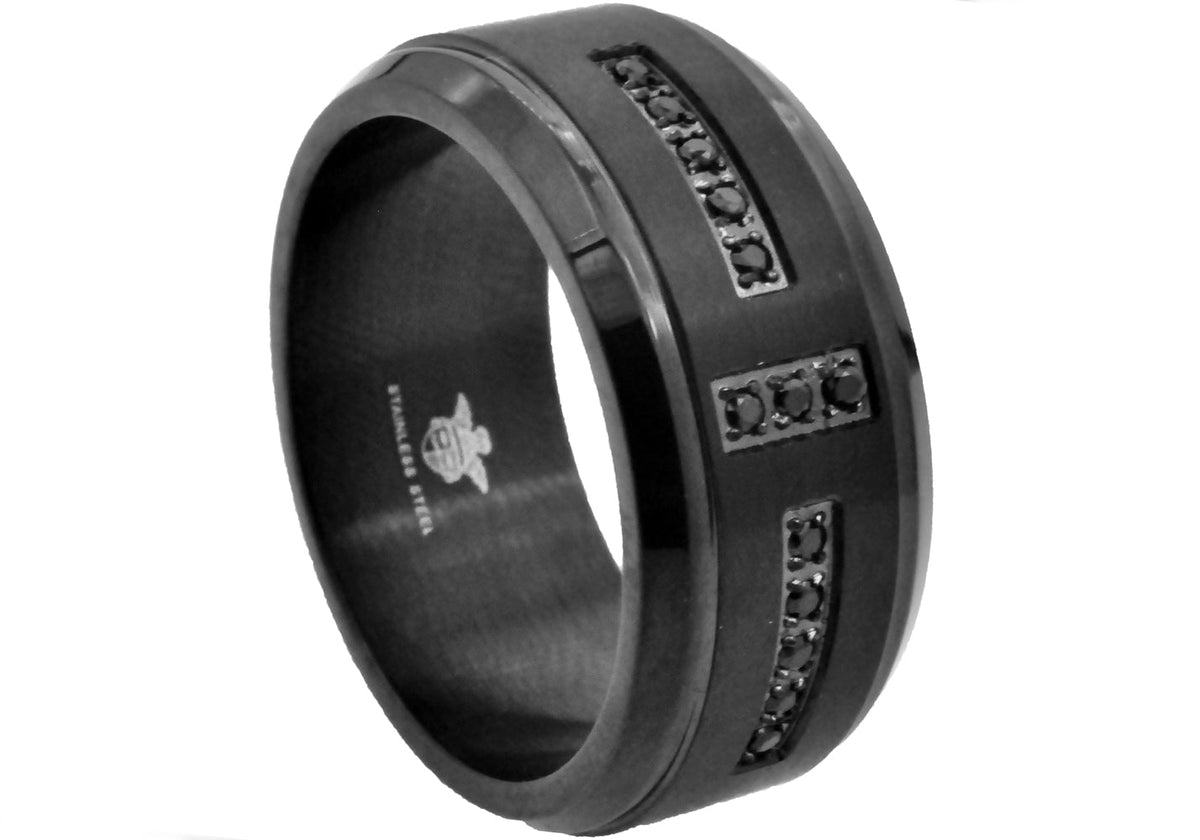 Mens Beveled Black Stainless Steel Band With Black Cubic Zirconia