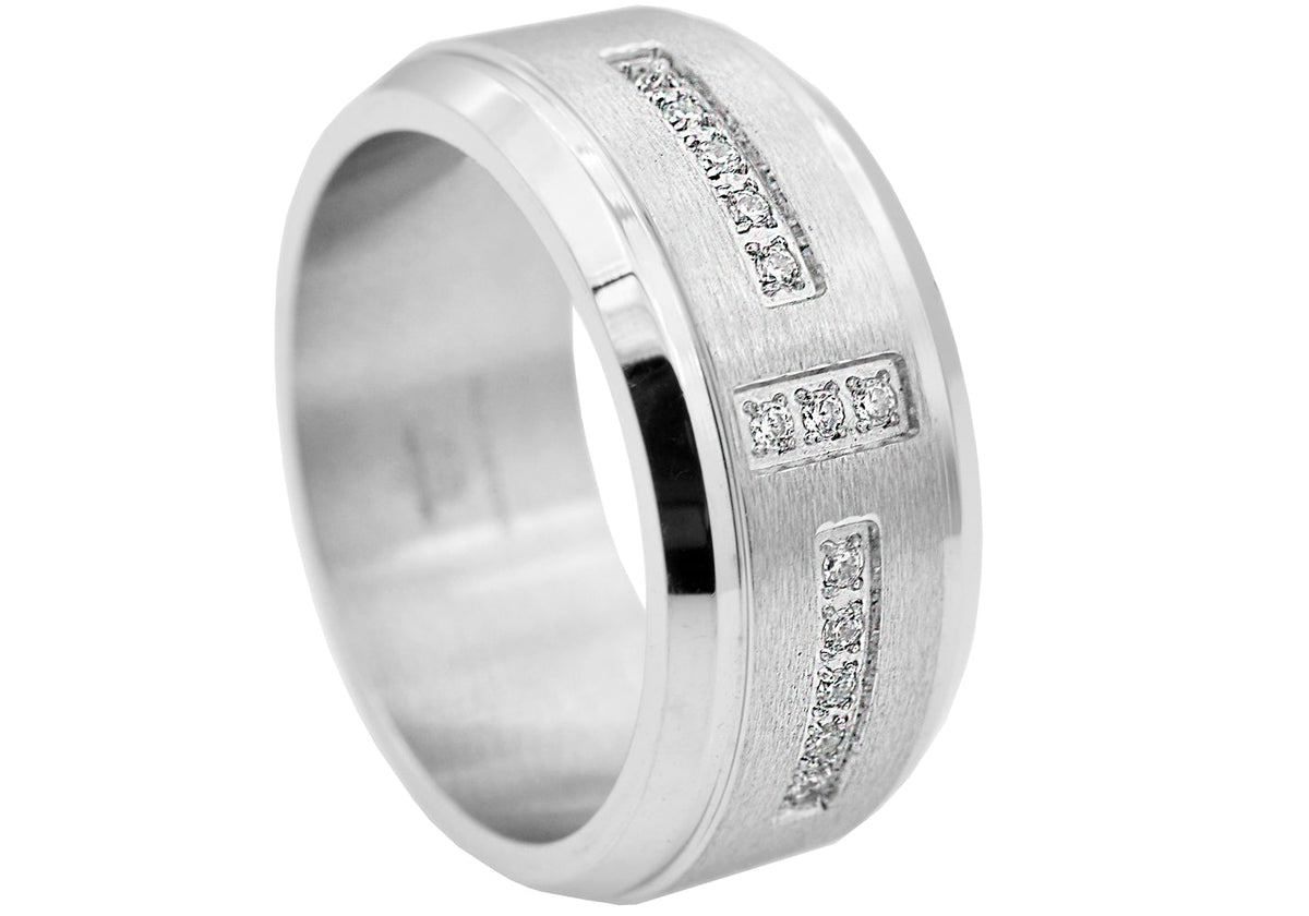 Mens Beveled Stainless Steel Band With Black Cubic Zirconia