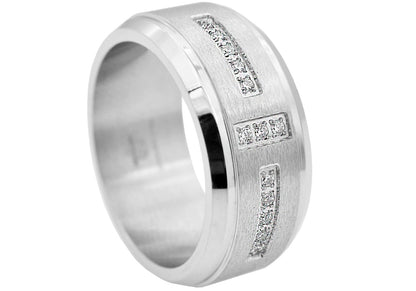 Mens Beveled Stainless Steel Band With Black Cubic Zirconia