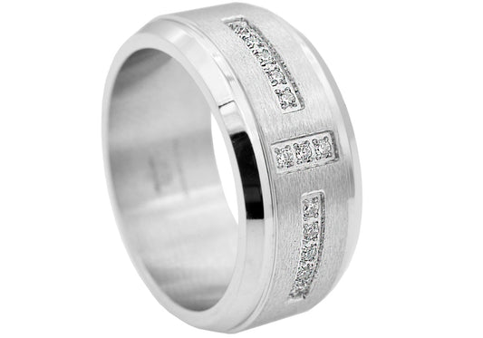 Mens Beveled Stainless Steel Band With Black Cubic Zirconia