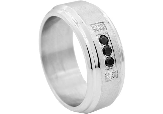 Mens Beveled Stainless Steel Band Ring With White And Black Cubic Zirconia