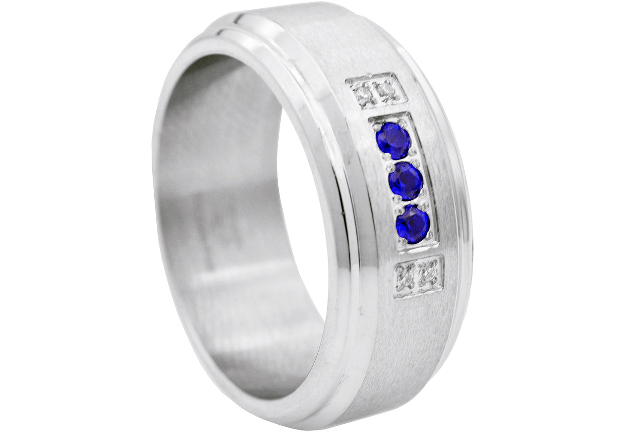 Mens Beveled Stainless Steel Band Ring With White And Blue Cubic Zirconia