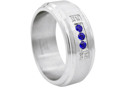Mens Beveled Stainless Steel Band Ring With White And Blue Cubic Zirconia